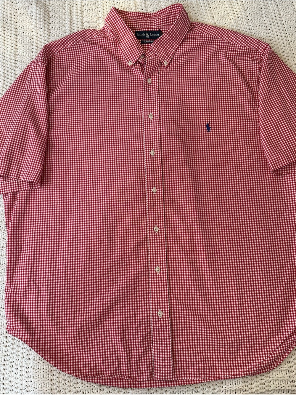 Ralph Lauren Red Gingham Short-Sleeve Button-Down Shirt with Blue Pony
